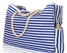 Extra Large Waterproof Canvas Beach Bag Blue & White Stripes & Rope Handle
