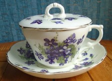 Art Deco china tea cup & saucer with lid Pretty violet flowers Hammersley china
