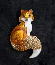 Enamel Orange Fox Brooch Rhinestone Tail Gold Tone Vintage Inspired Jewellery 
