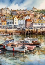 Cornish Seaside Harbour Boats Coastal Wall Art Watercolour Poster Print Picture