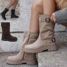 Ladies Mid Calf Buckle Boots Shoes Ladies Winter Zip Comfy Faux Suede Womens