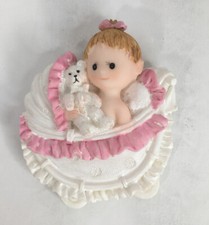 New Born Baby Girl Holding Teddy Bear Pink Ruffled Stroller Porcelain Magnet