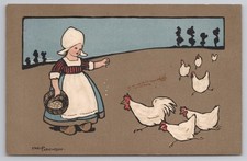 Postcard by Ethel Parkinson girl feeding chickens c.1910s used