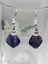 Glass Drop Earrings Blue Diamond shape With 925 Sterling Silver Hooks Handmade