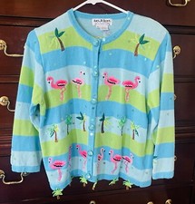 Jack B Quick Womens Cardigan Sweater Blue Green Flamingo Embellished sz Medium