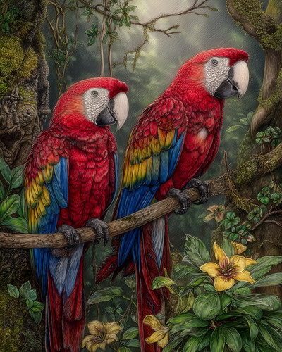 Two scarlet macaws perched - macaws, in