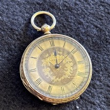 18ct GOLD CASED OPEN FACED ETCHED LADIES POCKET WATCH 40.87g WORKING 