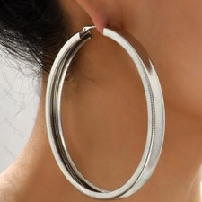 CHUNKY round thick textured metal HOOP EARRINGS big SILVER FASHION large hoops