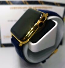 24ct Gold Plated Apple Smart Watch 42MM Blue Genuine Leather Strap 24k