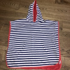 Child’s  Blue White Striped Hooded Towelling Swimming Poncho With Hood 3-6 Years