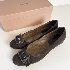 Miu Miu Y2K Brown Leather Suede Buckle Bow Slip On Ballerina Kitten Heels EU 38