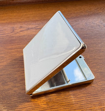 VINTAGE SQUARE COMPACT MIRROR SILVER TONE WITH WHITE PANEL ART DECO COLLECTABLE