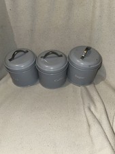 VERY NICE SET OF 3 BLUE ENAMEL KITCHEN TEA COFFEE SUGAR CANISTERS