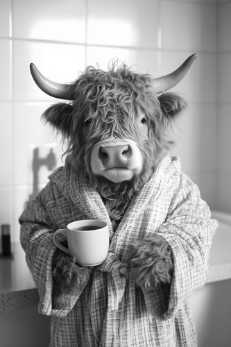 Highland cow drinking - highland, coffee