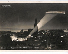 ZEPPELIN LZ.127 Over *SCHWERIN* Postcard 1929 MESSAGE Germany SEARCHLIGHTS PZ113