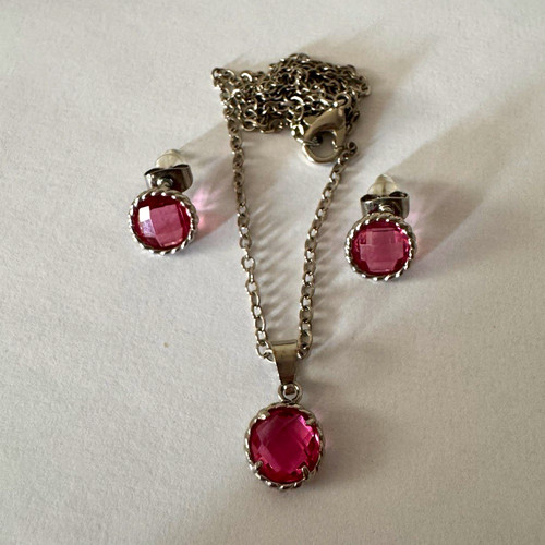 Silver tone pink round crystal - silver,