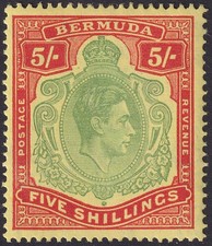 Bermuda 1944 KGVI 5sh Dull Green and Red on Pale Yellow p14 Mint SG118e cat £45