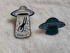 UFO Alien Abduction, 2 Pin Badges, Spaceship Taking Human "Finally"