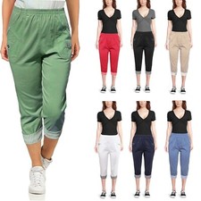 Women's Capri Three Quarter 3/4 Trousers Ladies Cropped Pants Elasticated Waist