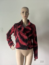 Miss Sixty Tie Dye Suede Leather Fringe Moto Motorcycle Jacket Red Black Sz S