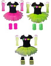 LADIES 80s FANCY DRESS COSTUME TUTU TSHIRT GLOVES LEG WARMER SET NEON FESTIVAL