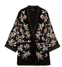 Zara Embroidered Jacket Kimono Black Birds Flowers Wedding Party Evening M 12 14