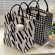 Tote Bag Original Design Japanese-Inspired Thick Polyester Plaid Pattern Zipper