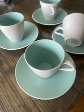 MID CENTURY x 4 POOLE POTTERY MOTTLED GREY & DUCK EGG BLUE GREEN CUPS & SAUCERS