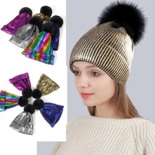 Shiny Womens Winter Woolly Hat Cable Knit Bobble Beanie Warm Pom Pom Ladies