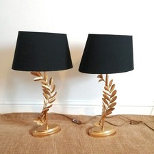 Pair Of LAURA ASHLEY Gilt Gold Archer Leaf Desktop Lamps Black Lampshade 
