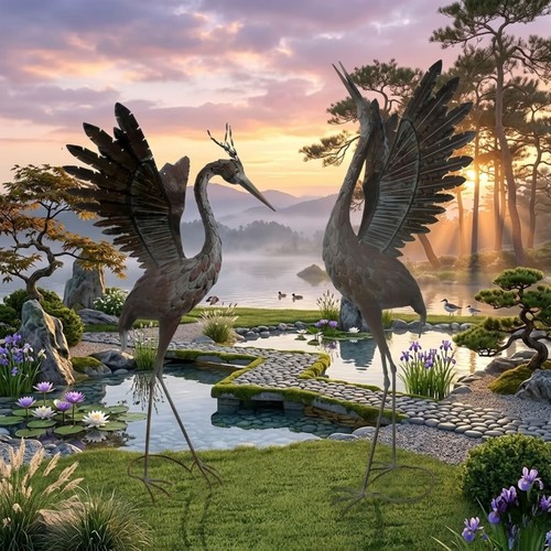 Metal crane garden statue - crane,
