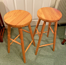 Pair of Vintage Solid Pine Wood Round Bar Kitchen Pub Stools Mid century style