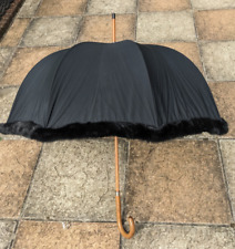 Vintage French Black Umbrella Faux Fur Trim Wood Handle and Stem