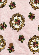 100% Cotton Fabric Vintage French Barkcloth Floral Medallions Pink Green Gold
