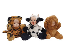 3 x Vintage Porcelain Baby Face Plush Dolls Collectable Antiques Preloved Retro 