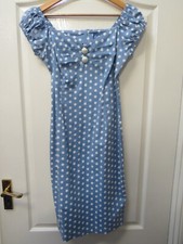 Collectif Dolores Ladies Pencil Dress Size 14 Blue Polka Dot Spot Rockabilly 50s
