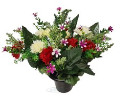 Cemetery Grave Vase Pot - Large Red / Ivory Artificial Flower Bunch