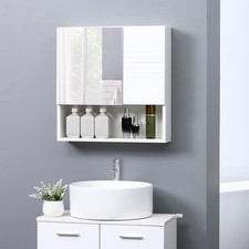 Bathroom Wall-Mounted Mirror Cabinet w/ Double Door Adjustable Shelves White