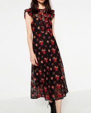 Zara Floral Embroidered Lace Midi Dress Roses Sz M Romantic Gothic Boho Lined