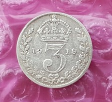 1918 George V 0.925 Silver Three Pence Piece. Very Good Circulated Condition.