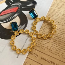 OSCAR DE LA RENTA Blue Square Crystal Drop Hoops Statement Gold Earrings NEW