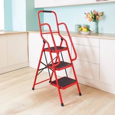 Red 3-Step Safety Ladder with Handrails