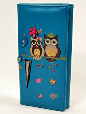 Owl Couple Blue Wallet Pleather Faux Leather Turquoise Womens Purse ID window 