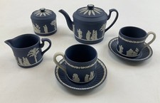 Wedgwood Jasperware-Tea Set in Dk Blue/Cobalt Teapot, Cups, Jug & Sugar Bowl