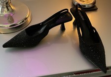 Sosandar Black Sparkle Hot Fix Asymmetrical Kitten Heel Sling back Shoes Sz 6