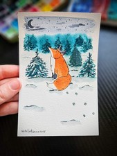 Fox in Winter Snow Watercolour Painting 4x6 inches, Frosty Woodland Picture