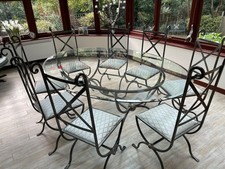 Beautiful oval metal & (detachable) glass dining table & 8 chairs. 210 x 153 cms