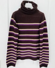 New SARA BERMAN Chocolate Brown Cashmere Knit Stripe Roll Neck JUMPER Size S