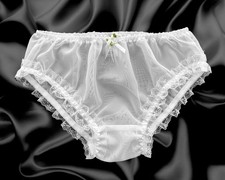White Sissy Sheer Nylon Frilly Lace Satin Rose Bow Babydoll Panties Knickers