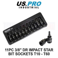 US PRO INDUSTRIAL 11PC 3/8" DR Impact Torx Star Bit Sockets Set T10 - T60 3933